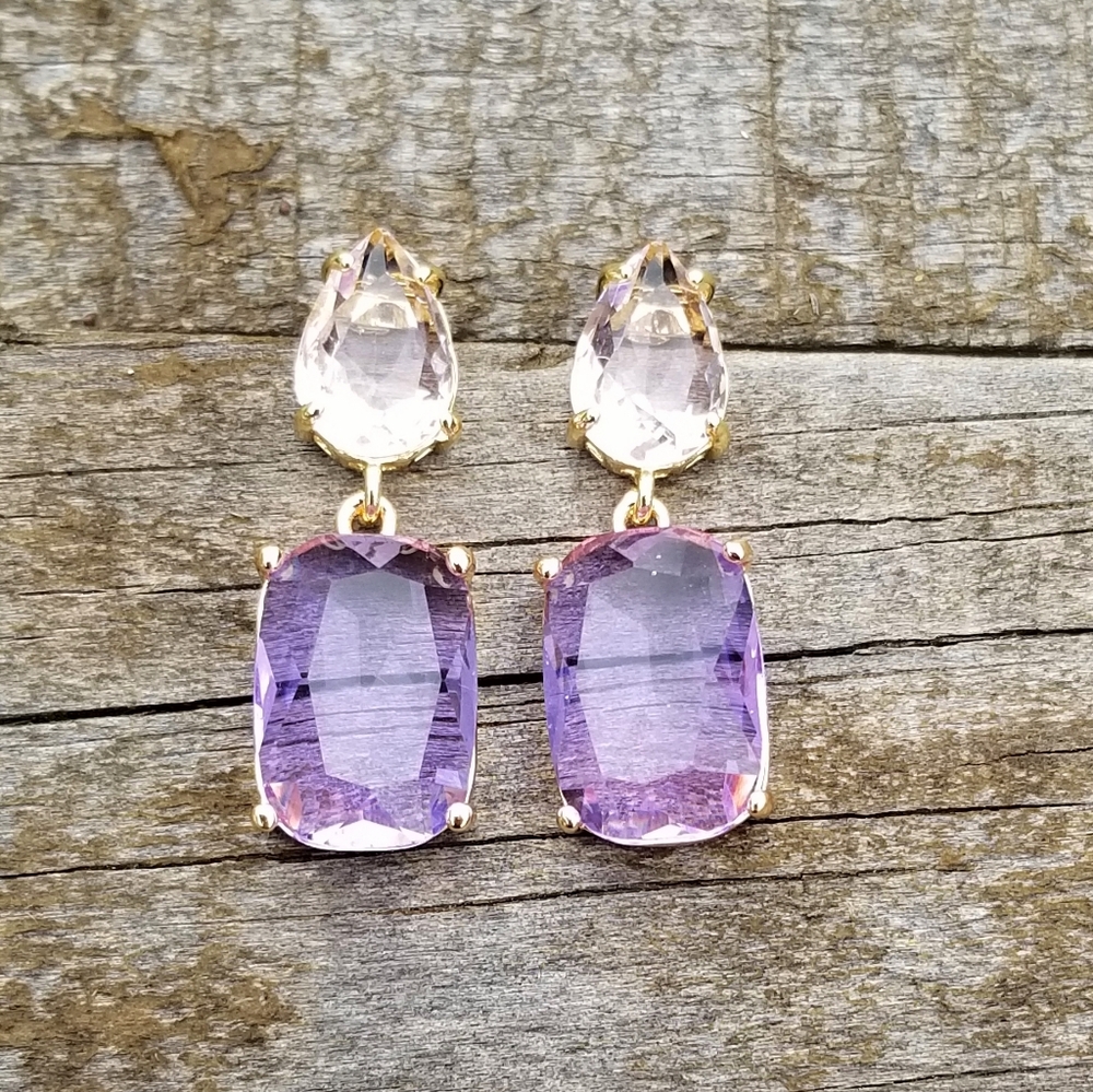 14k Gold Purple Alexandrite & Pink Tourmaline Stud Earrings, Alexandrite Dangle - Picture 2 of 7